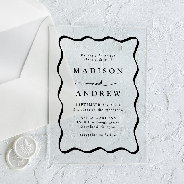Invitations En Acrylique Cadre de mariage ondulé noir moderne (Créateur téléchargé)