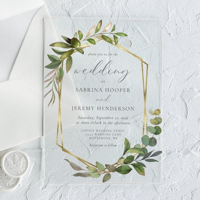 Invitations En Acrylique Cadre de mariage rustique Eucalyptus Olive Gold (Créateur téléchargé)