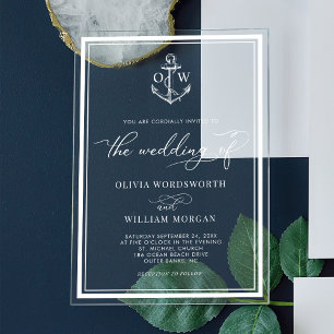 Invitations En Acrylique Cadre de monogramme d'ancre nautique blanc Mariage