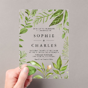 Invitations En Acrylique Cadre de verdure de forêt à l'aquarelle Mariage