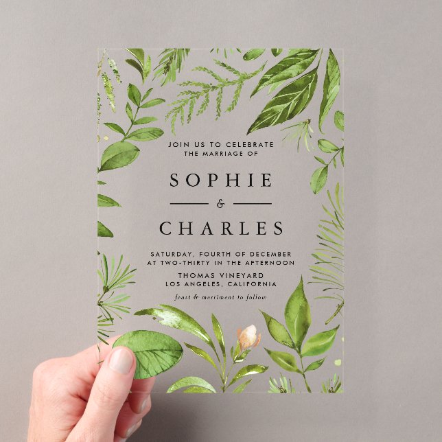 Invitations En Acrylique Cadre de verdure de forêt à l'aquarelle Mariage (In situ (ordinateur de poche))
