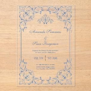 Invitations En Acrylique Cadre décoratif traditionnel bleu et blanc