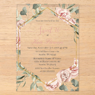 Invitations En Acrylique Cadre doré avec roses fête sweet 16