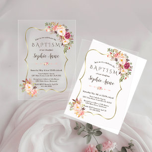 Invitations En Acrylique Cadre doré chic Fleurs rose fuchsia Baptême fille