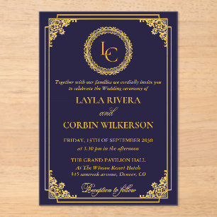 Invitations En Acrylique Cadre Doré Classique Monogramme Royal de Mariage