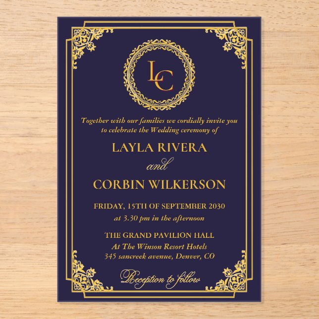 Invitations En Acrylique Cadre Doré Classique Monogramme Royal de Mariage (Recto)