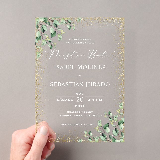 Invitations En Acrylique Cadre doré de verdure Nuestra Boda Mariage espagno (In situ (ordinateur de poche))