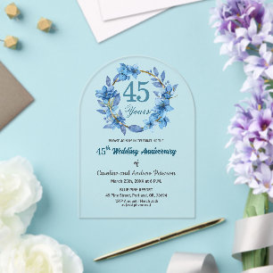 Invitations En Acrylique Cadre doré floral bleu pour 45e anniversaire de ma