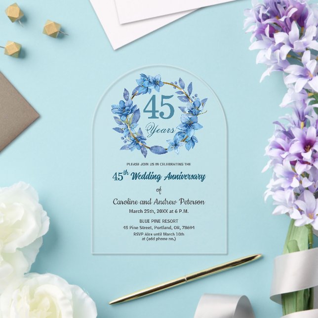 Invitations En Acrylique Cadre doré floral bleu pour 45e anniversaire de ma (Insitu (Mariage))