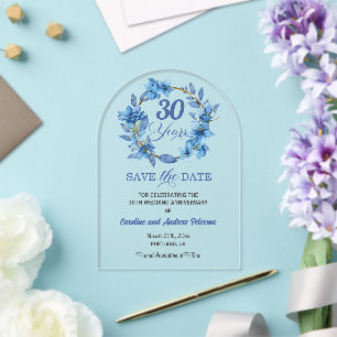 Invitations En Acrylique Cadre doré floral bleu pour les 30 ans de mariage