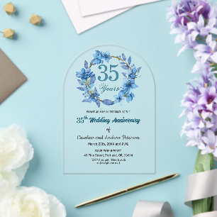 Invitations En Acrylique Cadre doré floral bleu pour les 35 ans de mariage