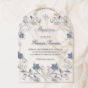 Invitations En Acrylique cadre élégant de feuillage bleu Baptême