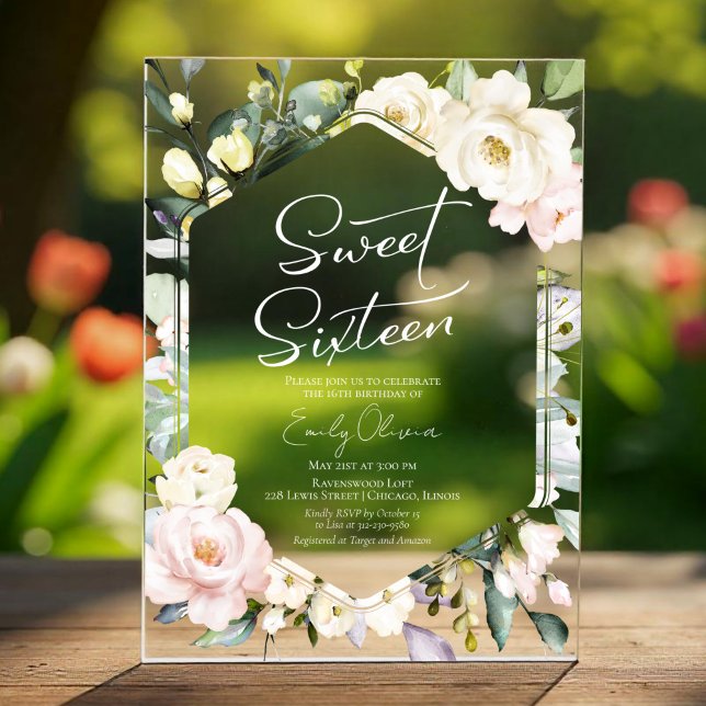 Invitations En Acrylique Cadre floral de verdure Boho Sweet 16 (Créateur téléchargé)