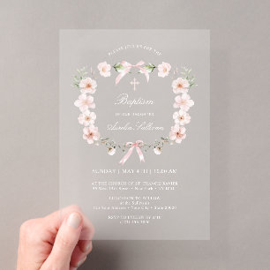Invitations En Acrylique Cadre Floral Rose Pâle Baptême