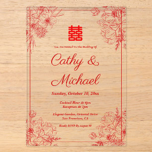 Invitations En Acrylique Cadre oriental floral rouge beige pour mariage chi