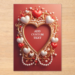 Invitations En Acrylique Cadre Orné Doré Romantique Avec Des Cœurs Rouges