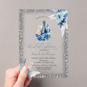 Invitations En Acrylique Cadre Pailleté de Bouteille de Vin Floral Bleu pou