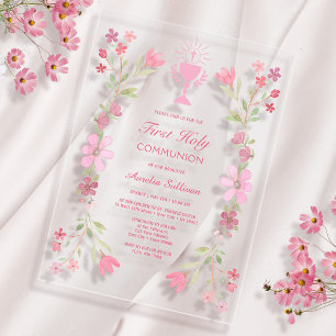 Invitations En Acrylique Cadre rose Floral Première Communion Sainte Claire