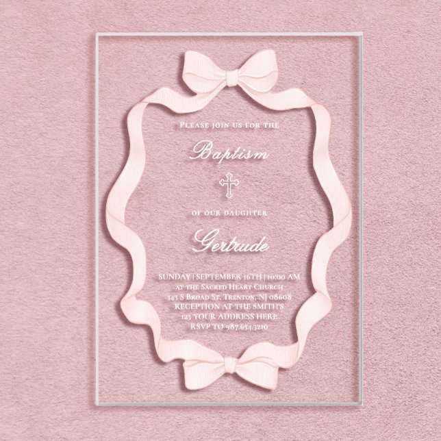 Invitations En Acrylique cadre ruban rose Baptême (Créateur téléchargé)