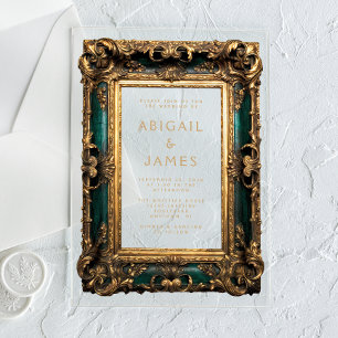 Invitations En Acrylique Cadre Vintage Vert Émeraude Or Mariage
