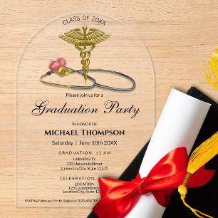 Invitations En Acrylique Caducée de stéthoscope doré médical Cœur Remise de