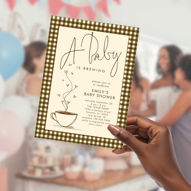 Invitations En Acrylique Cafetière Gingham Marron Bébé est en train d'infus (Acrylic invitation)