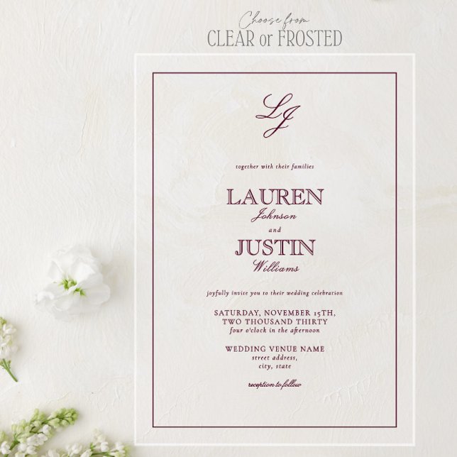 Invitations En Acrylique Calligraphie de Bourgogne classique Mariage de mon (Créateur téléchargé)