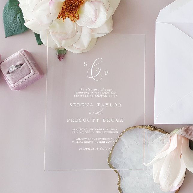 Invitations En Acrylique Calligraphie délicate Mariage de monogramme blanc  (Delicate Calligraphy White Boho Monogram Wedding Acrylic Invitations)