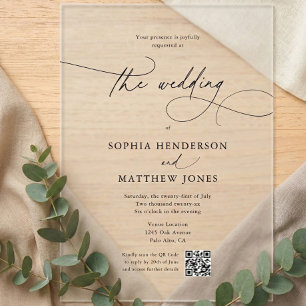 Invitations En Acrylique Calligraphie minimaliste Mariage de morue QR