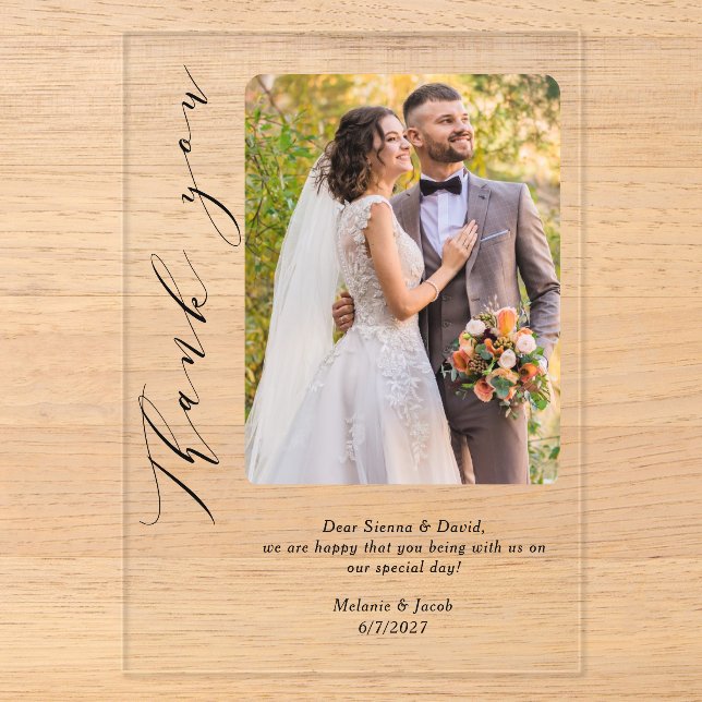 Invitations En Acrylique  Calligraphie photo Merci pour le mariage  (Recto)