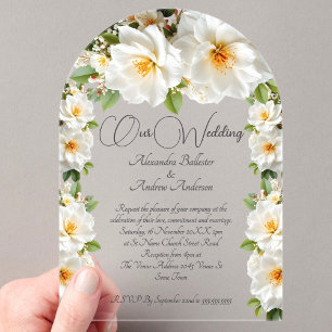 Invitations En Acrylique Camélias Élégants de Mariage Fleurs Blanches Jaune