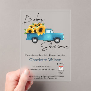 Invitations En Acrylique Camion d'aquarelle avec Baby shower de tournesol