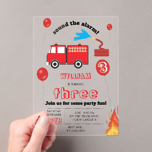 Invitations En Acrylique Camion de pompiers rouge Fête d'anniversaire Enfan