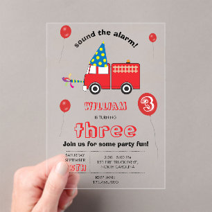 Invitations En Acrylique Camion de pompiers rouge Fête d'anniversaire pour