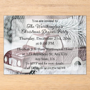 Invitations En Acrylique Camion rouge vintage avec dessin d'arbre de Noël