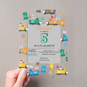 Invitations En Acrylique Camions et bacs de recyclage colorés pour annivers