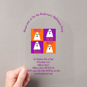 Invitations En Acrylique Carré violet et orange de fantôme de Halloween