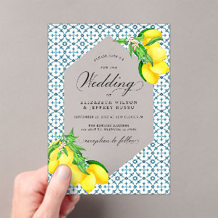 Invitations En Acrylique Carreaux bleu sicilien Mariage citron bois d'été