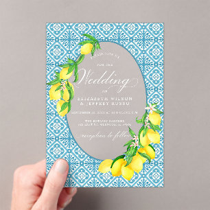 Invitations En Acrylique Carreaux bleu sicilien Mariage citron bois d'été