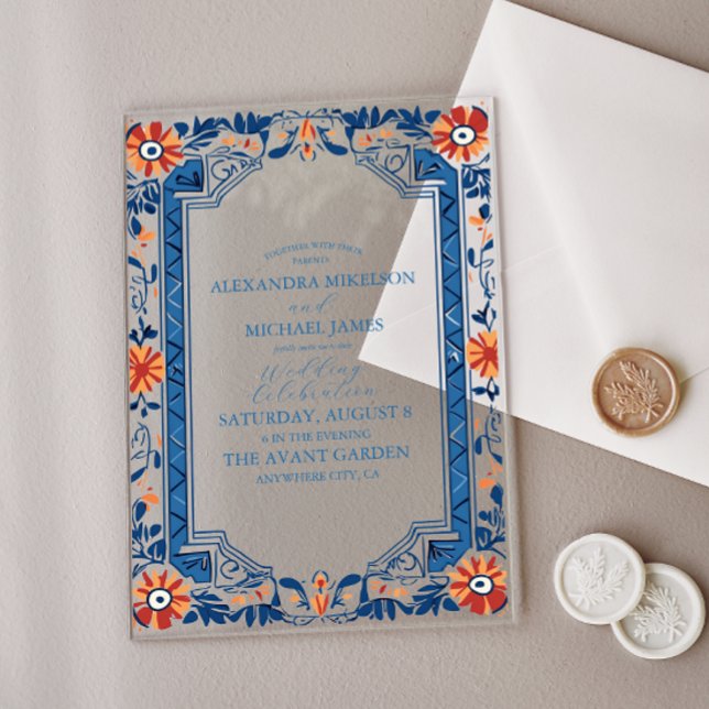 Invitations En Acrylique Carrelage bleu méditerranéen italien et Mariage ci (Créateur téléchargé)