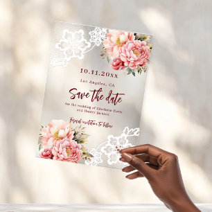 Invitations En Acrylique Carte de mariage en dentelle florale rose pêche po