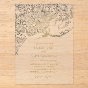Invitations En Acrylique Carte de Newport Rhode Island mariage doré 