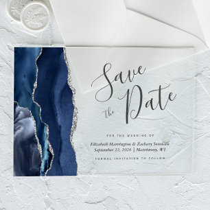 Invitations En Acrylique Carte de rappel moderne bleu marine et argent