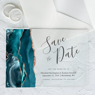 Invitations En Acrylique Carte de rappel Teal Blue Rose Gold Agate