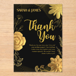 Invitations En Acrylique Carte de remerciement de mariage florale noire et
