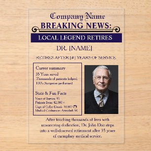 Invitations En Acrylique Carte de retraite de docteur de style journal Su