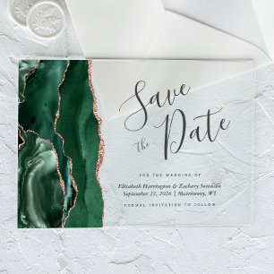 Invitations En Acrylique Carte de sauvegarde de date émeraude verte or rose