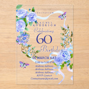 Invitations En Acrylique Carte d'invitation 60 ans Ruban Rose Bleu