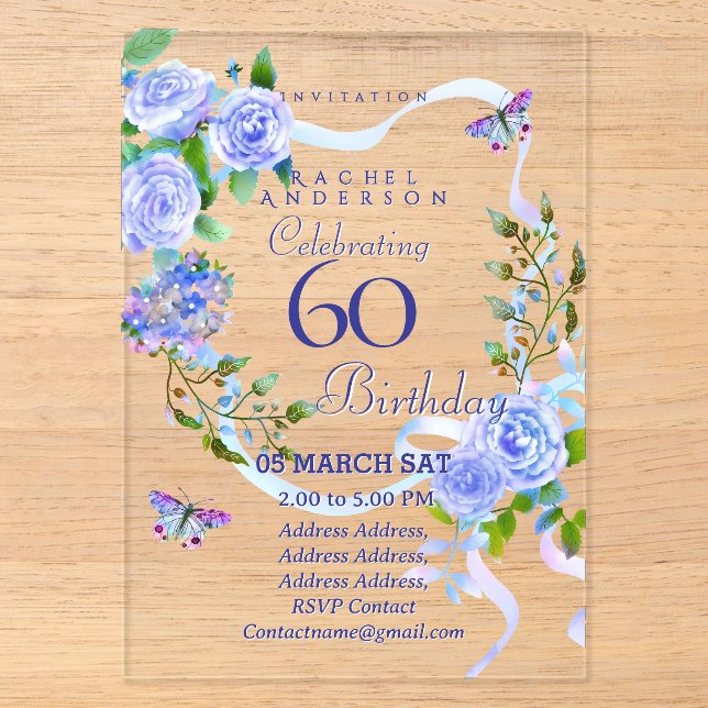 Invitations En Acrylique Carte d'invitation 60 ans Ruban Rose Bleu (Recto)