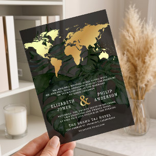 Invitations En Acrylique Carte du monde de destination tropicale en or fonc